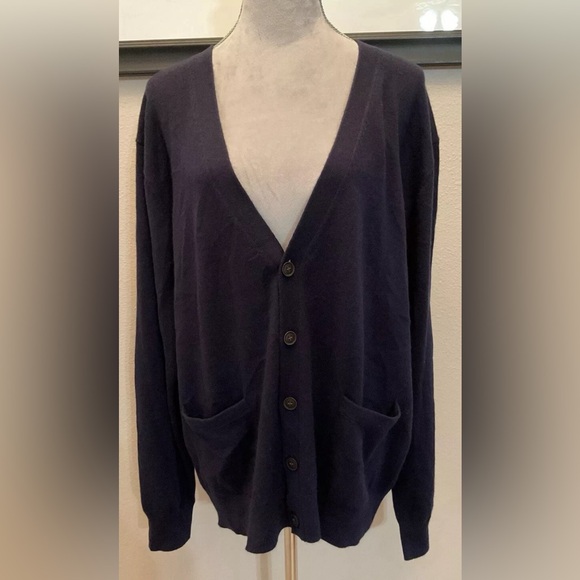 KALLSPIN Cardigan Mens Large Cashmere Wool Blend Sweater Navy - Picture 2 of 6